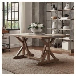 Camilla Farmhouse Concrete Inlaid Trestle Dining Table Vintage Pine - Inspire Q -Inspire Q GUEST 097950ea 67da 488c a21a ee7668815ae7