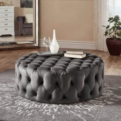 Beekman Place Velvet Button Tufted Round Cocktail Ottoman - Inspire Q