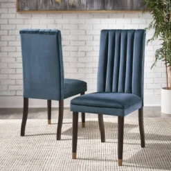 Set Of 2 Pruett Velvet Channel Back Dining Chairs - Inspire Q