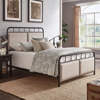 Queen Rathbone Nailhead Trim Upholstered Metal Bed Black/Oatmeal - Inspire Q 3 Queen Rathbone Nailhead Trim Upholstered Metal Bed Black/Oatmeal - Inspire Q