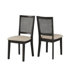 Set Of 2 South Hill Beige Linen Rattan Back Dining Chairs - Inspire Q