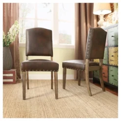 Set Of 2 Cobble Hill Nailhead Accent Dining Chair Wood Marbled Chocolate - Inspire Q: Rubberwood Frame, Bonded Leather -Inspire Q GUEST d41b7f34 c21c 4015 a0c0 821e69d1c76d