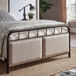 Queen Rathbone Nailhead Trim Upholstered Metal Bed Black/Oatmeal - Inspire Q 13 Queen Rathbone Nailhead Trim Upholstered Metal Bed Black/Oatmeal - Inspire Q -Inspire Q GUEST f8cb5a40 5adf 44f8 8845 8fd1ded6291c